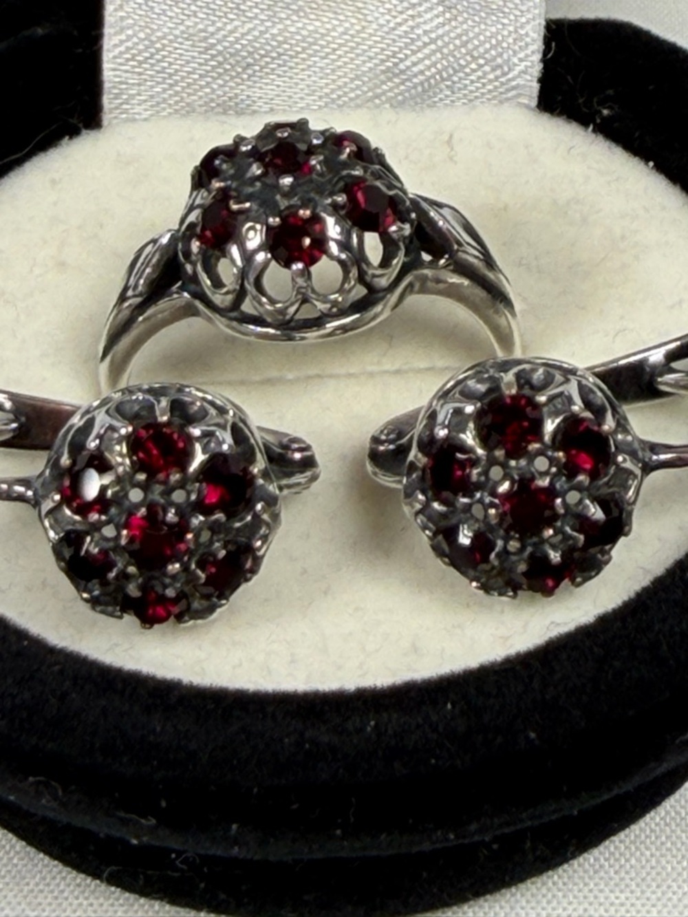 Vintage Russian Garnet Jewelry Set | 875 Silver Ring + JENAVI 925 Earrings